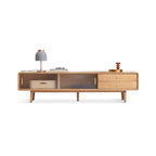 71 Natural Wooden Glass Sliding Door TV Stand with Drawers
