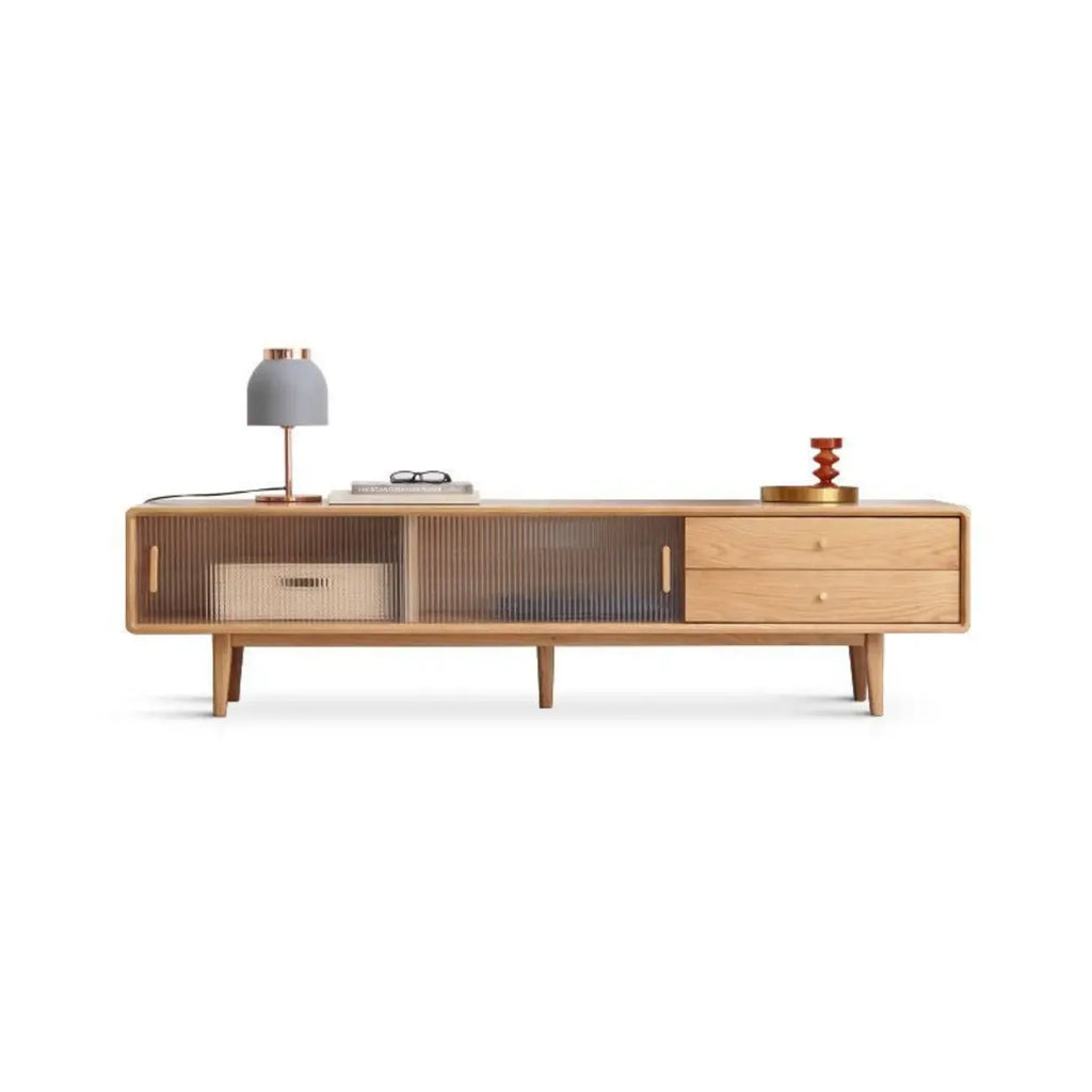 71 Natural Wooden Glass Sliding Door TV Stand with Drawers