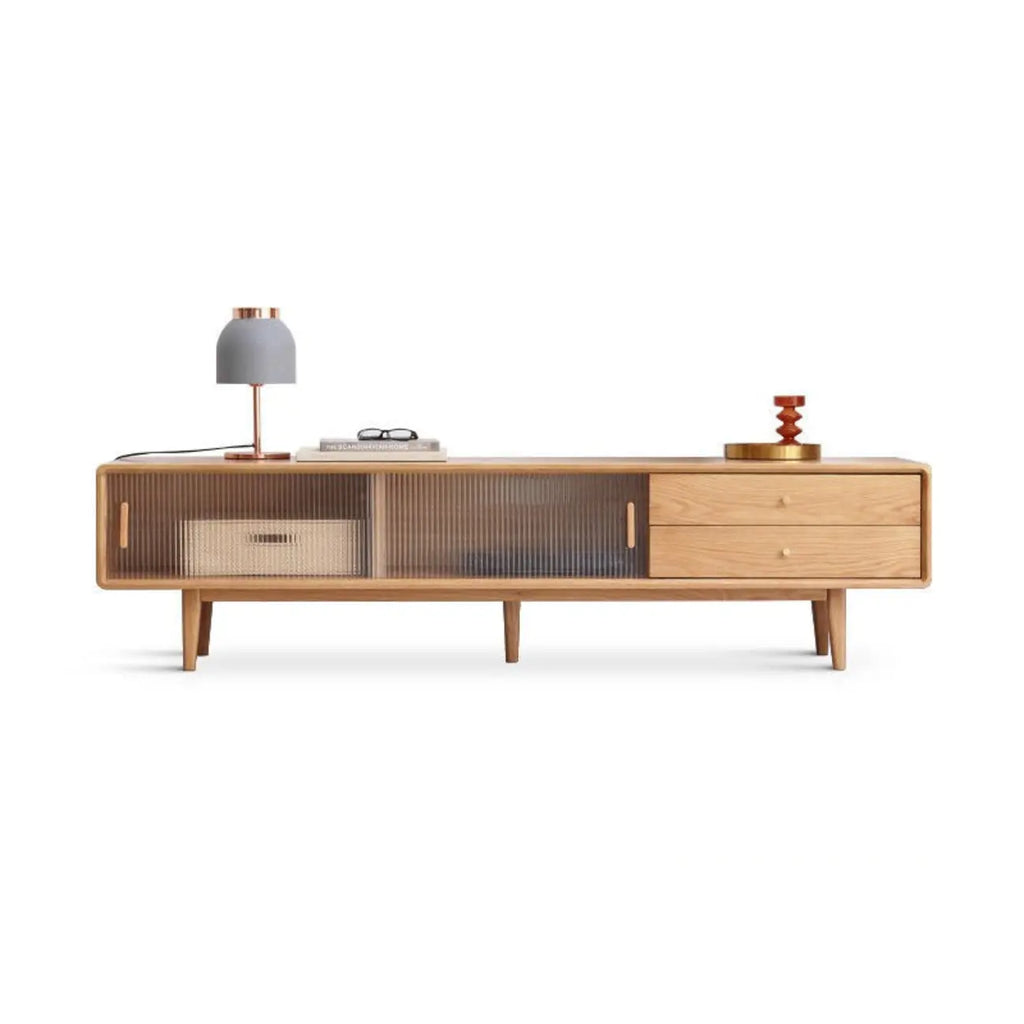 71 Natural Wooden Glass Sliding Door TV Stand with Drawers