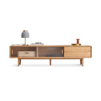 71 Natural Wooden Glass Sliding Door TV Stand with Drawers