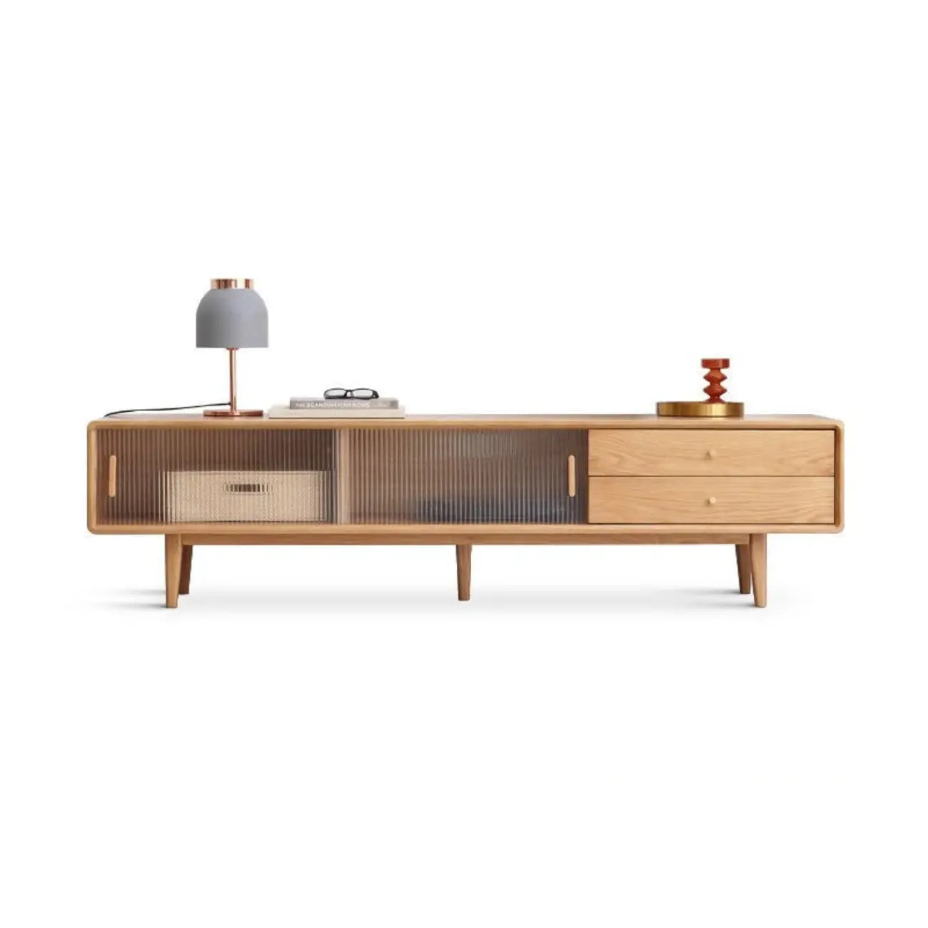 71 Natural Wooden Glass Sliding Door TV Stand with Drawers