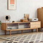 71 Natural Wooden Glass Sliding Door TV Stand with Drawers