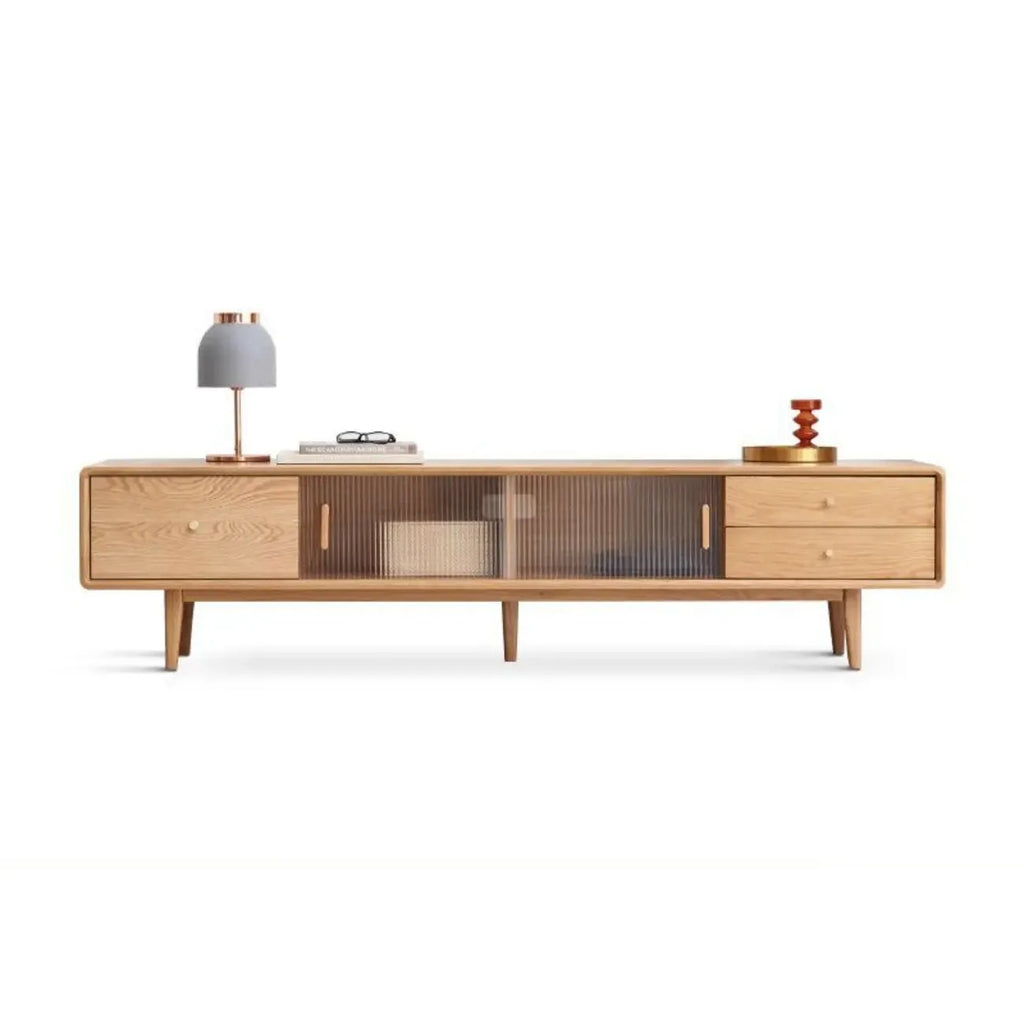 71 Natural Wooden Glass Sliding Door TV Stand with Drawers