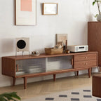 71 Natural Wooden Glass Sliding Door TV Stand with Drawers