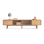 71 Natural Wooden Glass Sliding Door TV Stand with Drawers