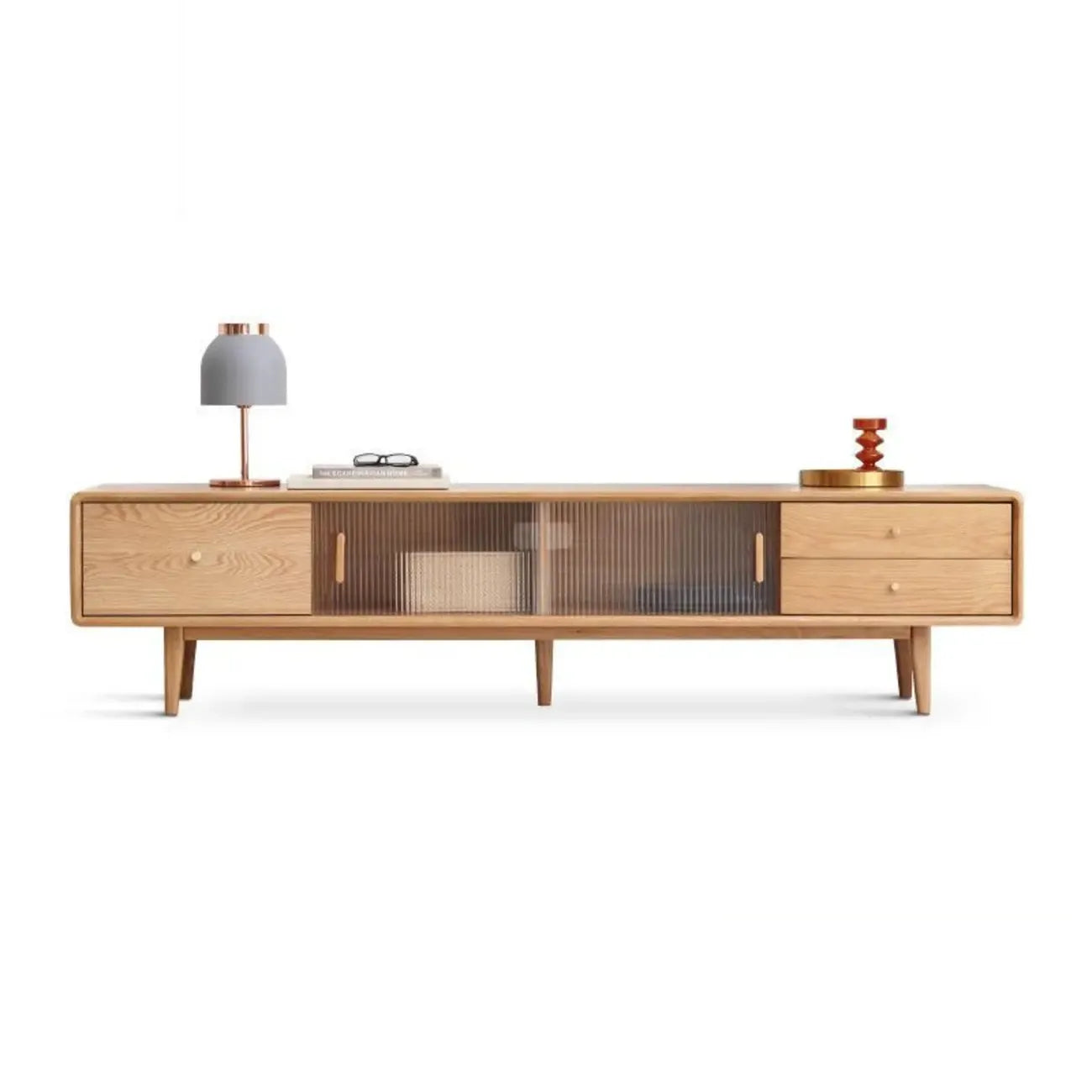 71 Natural Wooden Glass Sliding Door TV Stand with Drawers