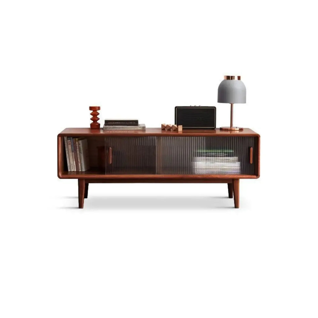 71 Natural Wooden Glass Sliding Door TV Stand with Drawers