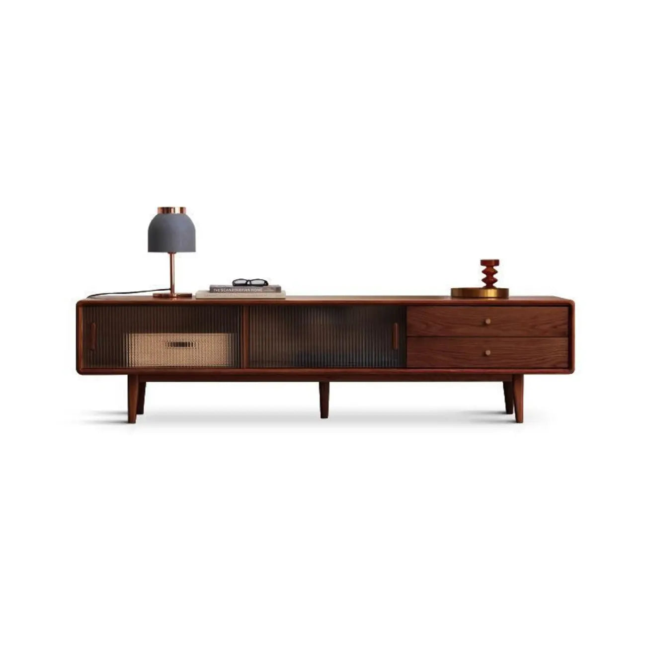 71 Natural Wooden Glass Sliding Door TV Stand with Drawers