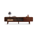 71 Natural Wooden Glass Sliding Door TV Stand with Drawers