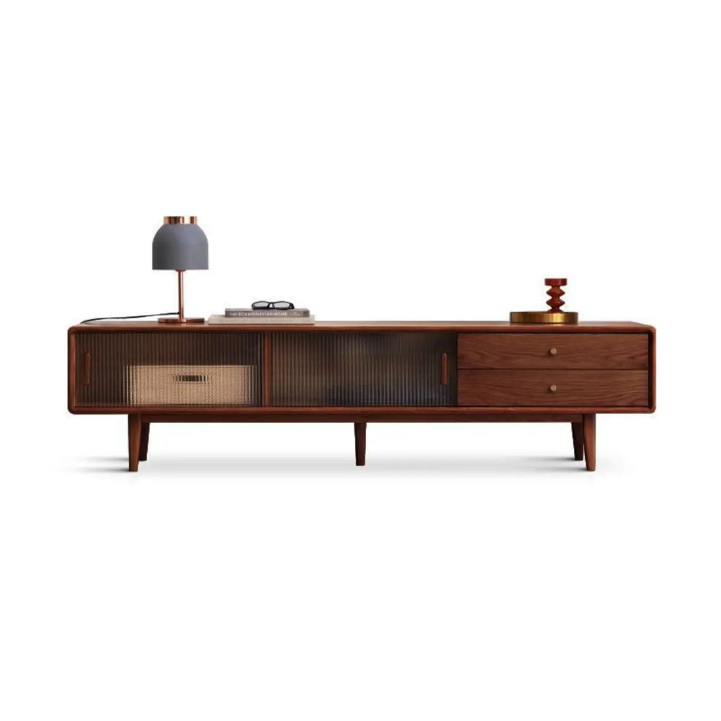 71 Natural Wooden Glass Sliding Door TV Stand with Drawers