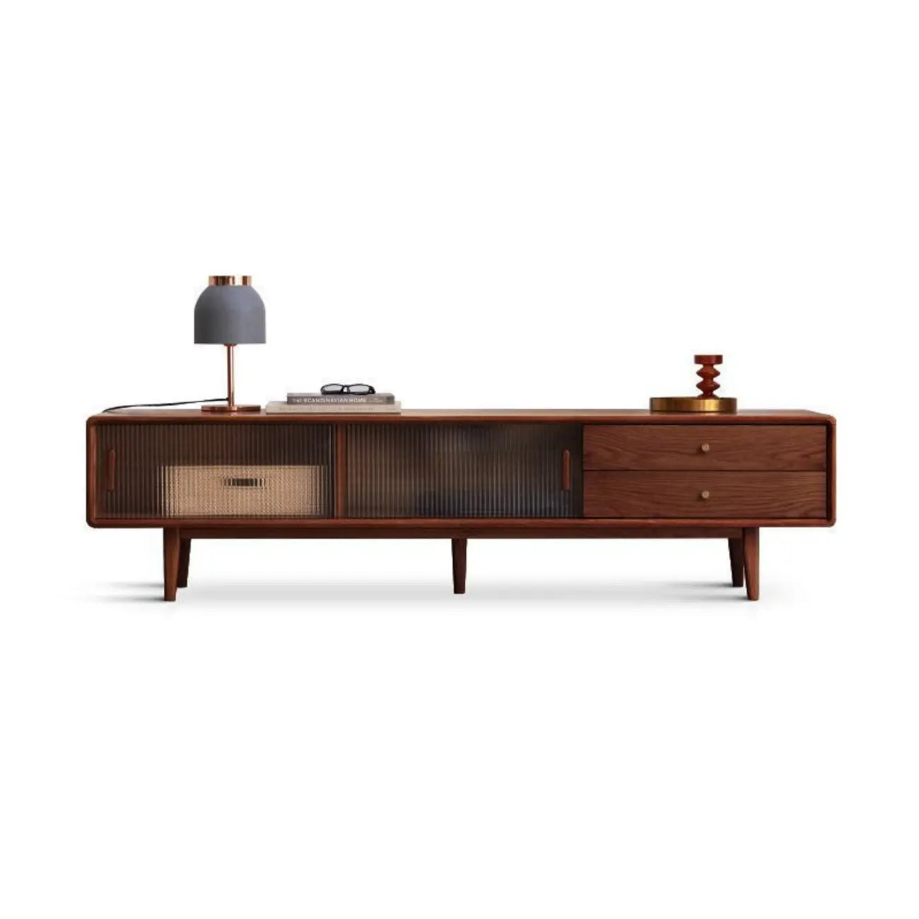 71 Natural Wooden Glass Sliding Door TV Stand with Drawers
