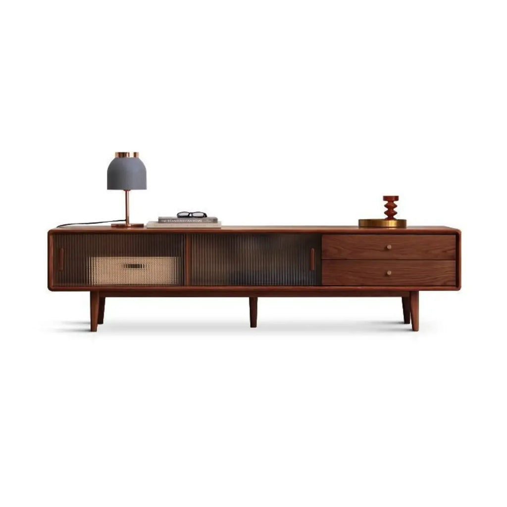 71 Natural Wooden Glass Sliding Door TV Stand with Drawers