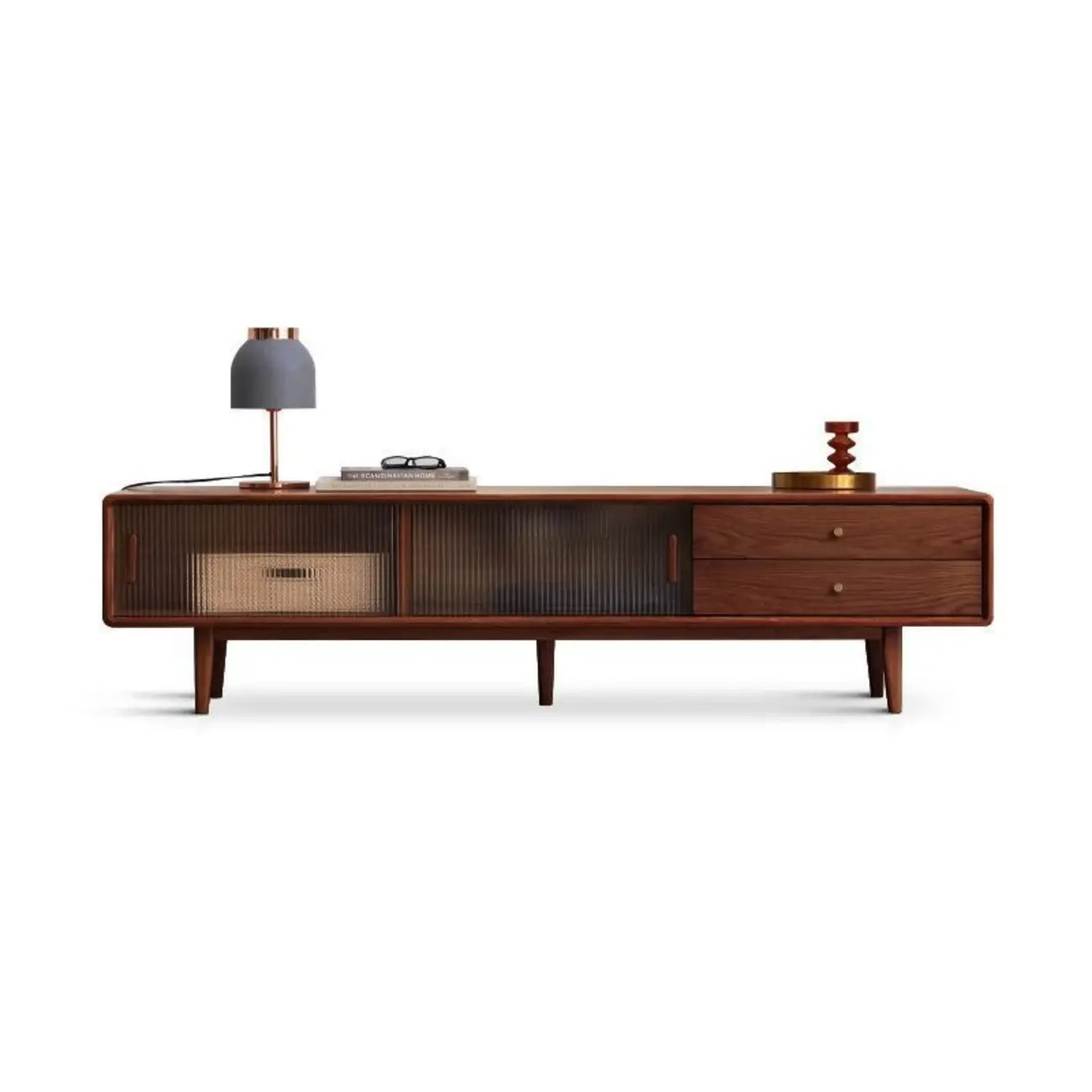 71 Natural Wooden Glass Sliding Door TV Stand with Drawers