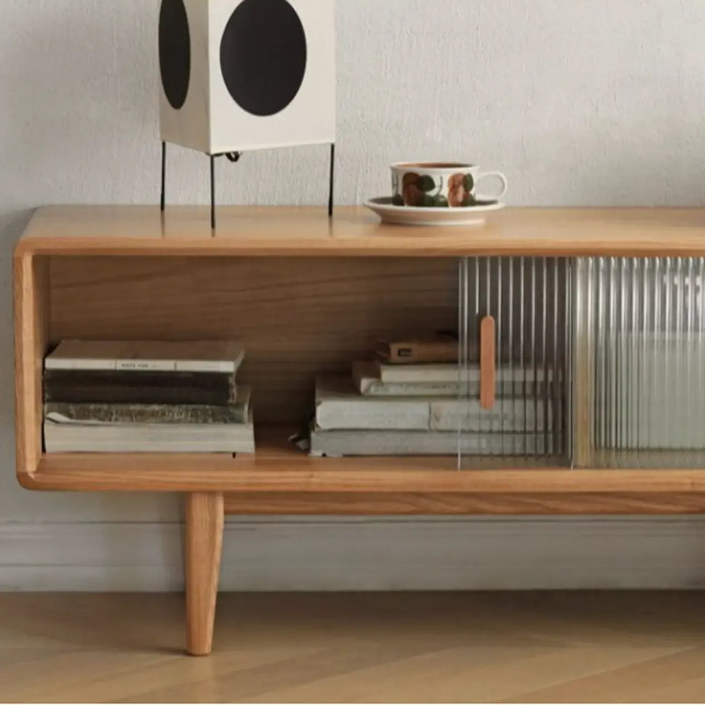 71 Natural Wooden Glass Sliding Door TV Stand with Drawers