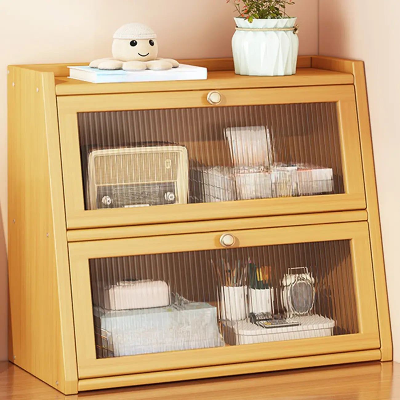 Compact Wood Step Bookcase with Glass Doors