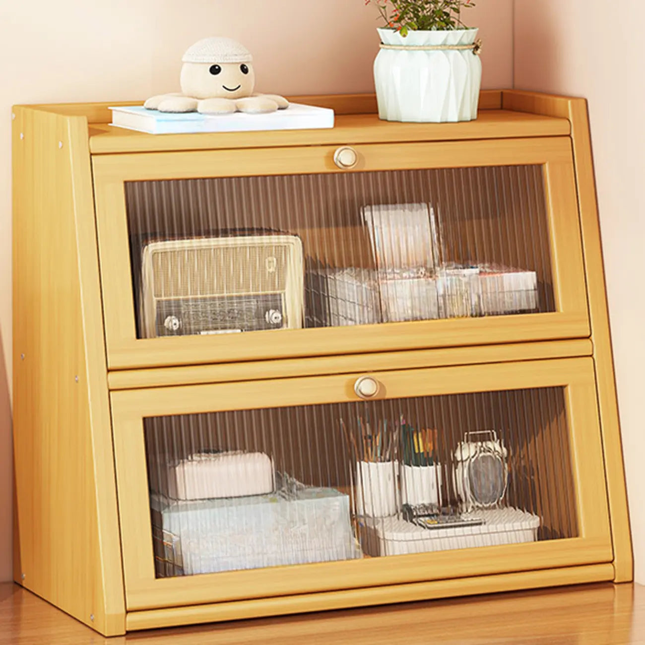 Compact Wood Step Bookcase with Glass Doors