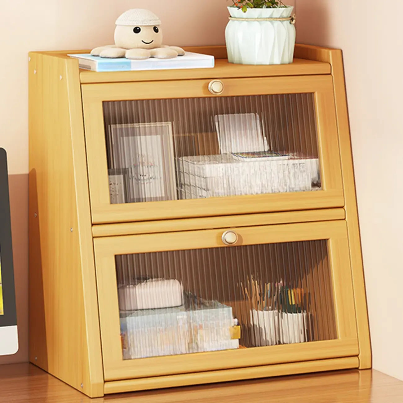 Compact Wood Step Bookcase with Glass Doors