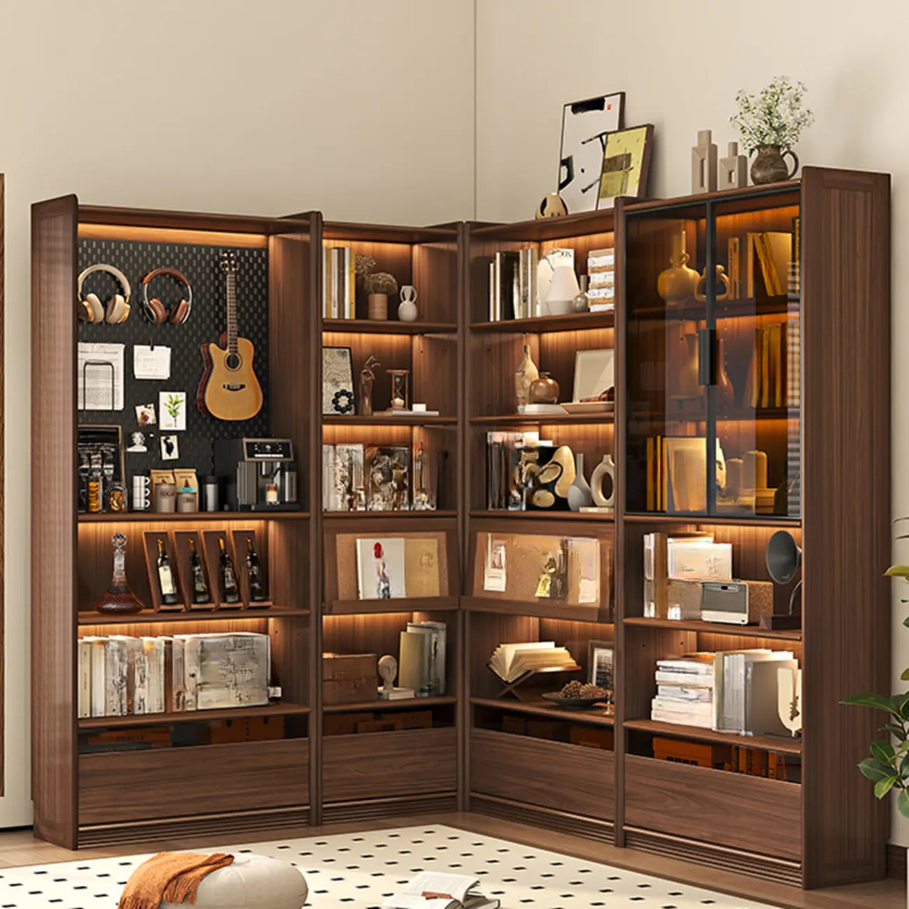 Brown 5-Shelf Wooden Glass Door Bookcase