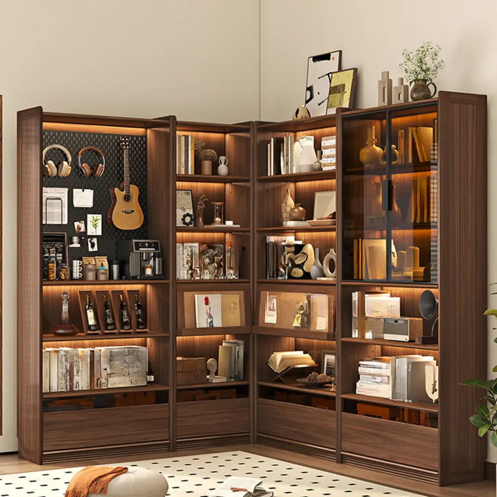 Brown 5-Shelf Wooden Glass Door Bookcase