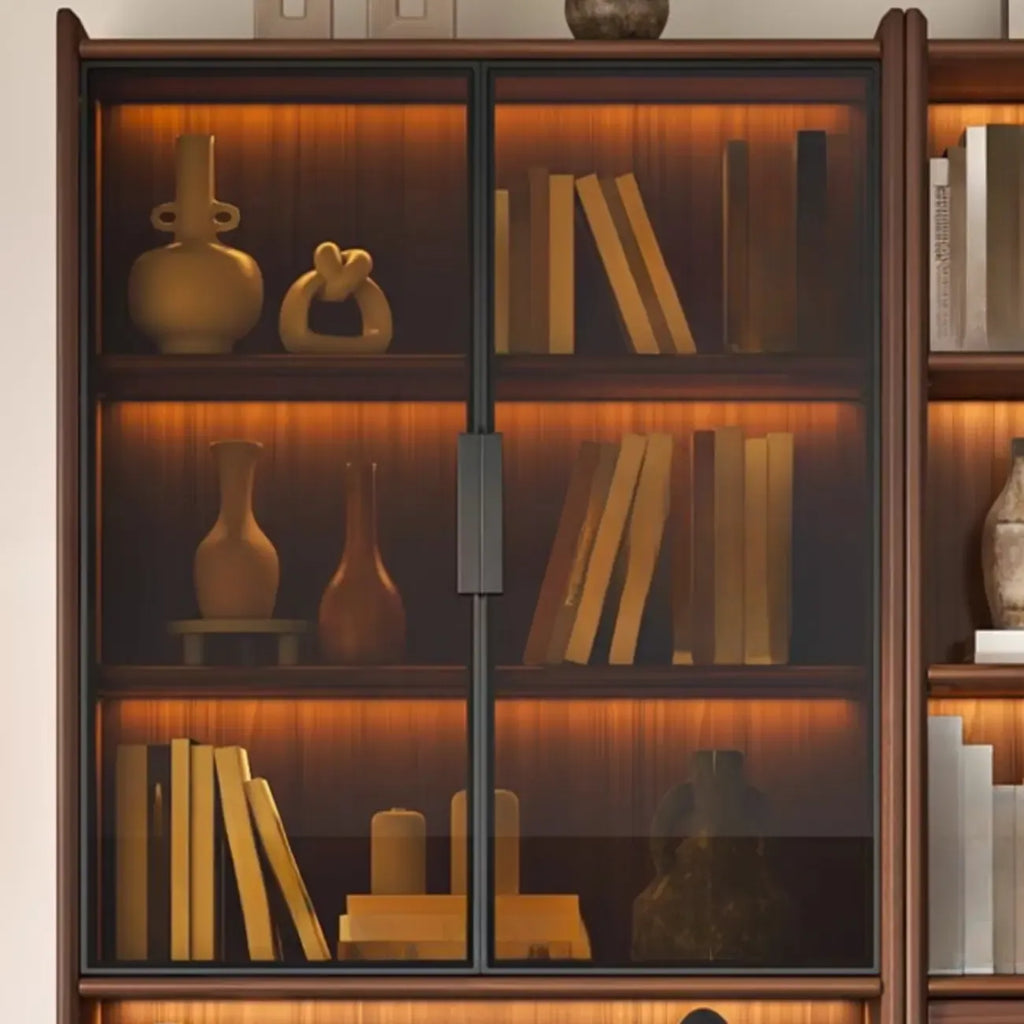 Brown 5-Shelf Wooden Glass Door Bookcase