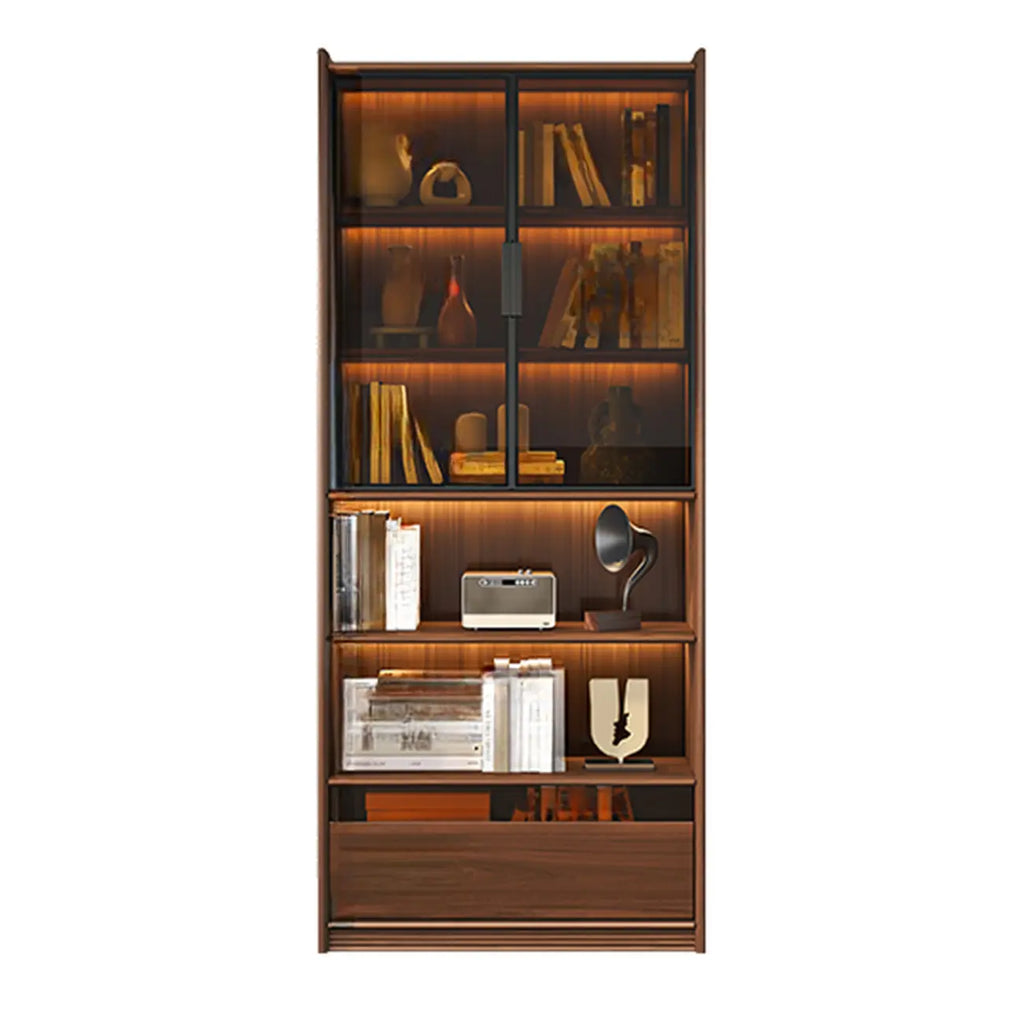 Brown 5-Shelf Wooden Glass Door Bookcase