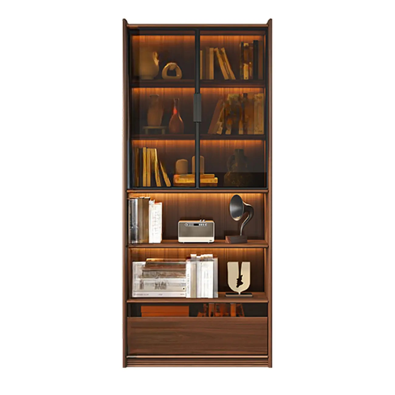 Brown 5-Shelf Wooden Glass Door Bookcase