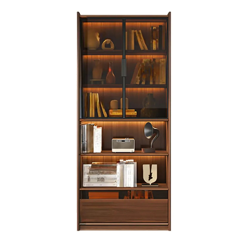 Brown 5-Shelf Wooden Glass Door Bookcase
