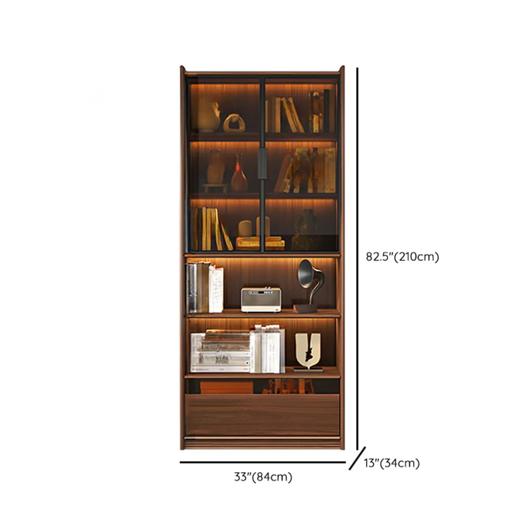 Brown 5-Shelf Wooden Glass Door Bookcase