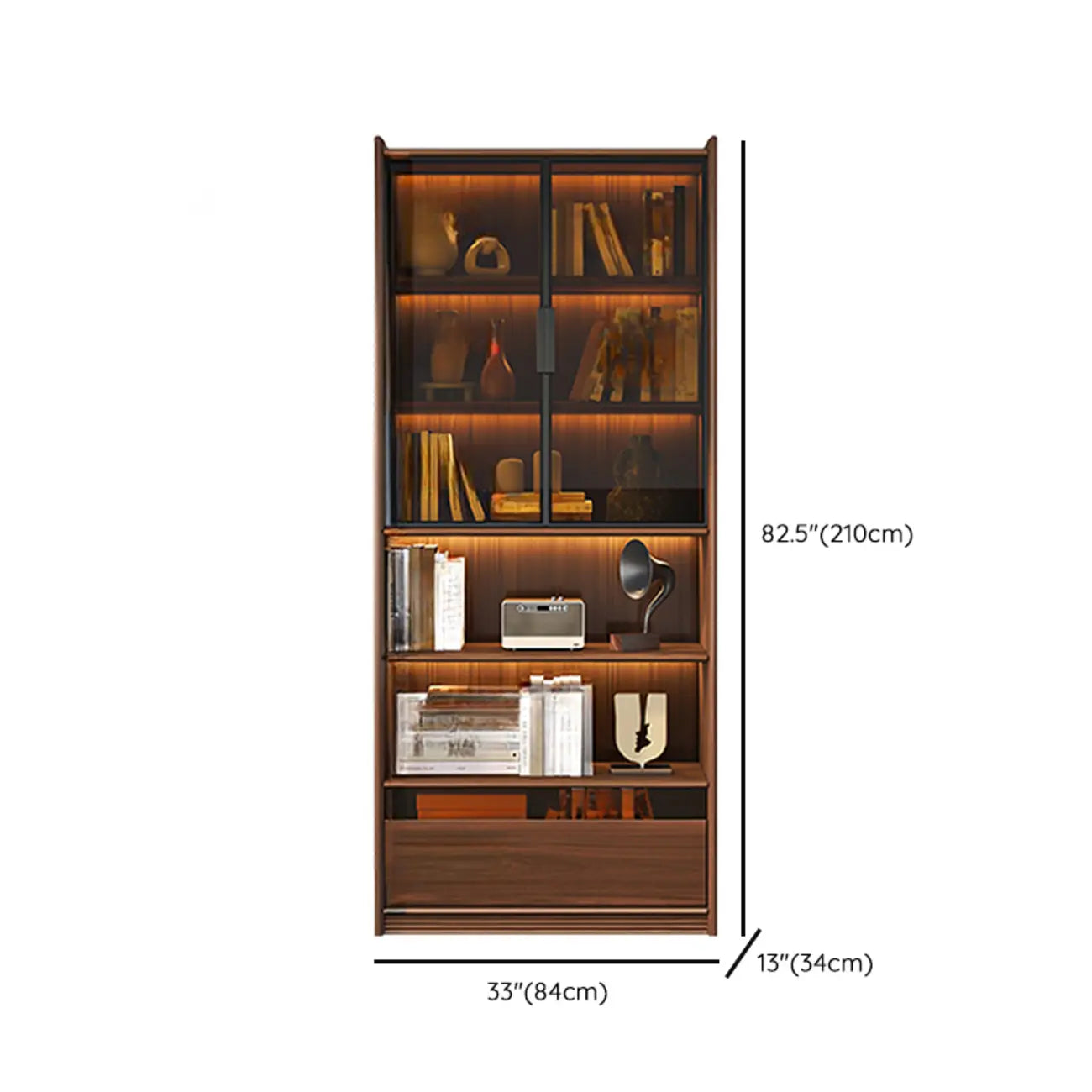 Brown 5-Shelf Wooden Glass Door Bookcase