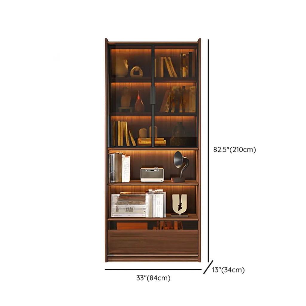 Brown 5-Shelf Wooden Glass Door Bookcase
