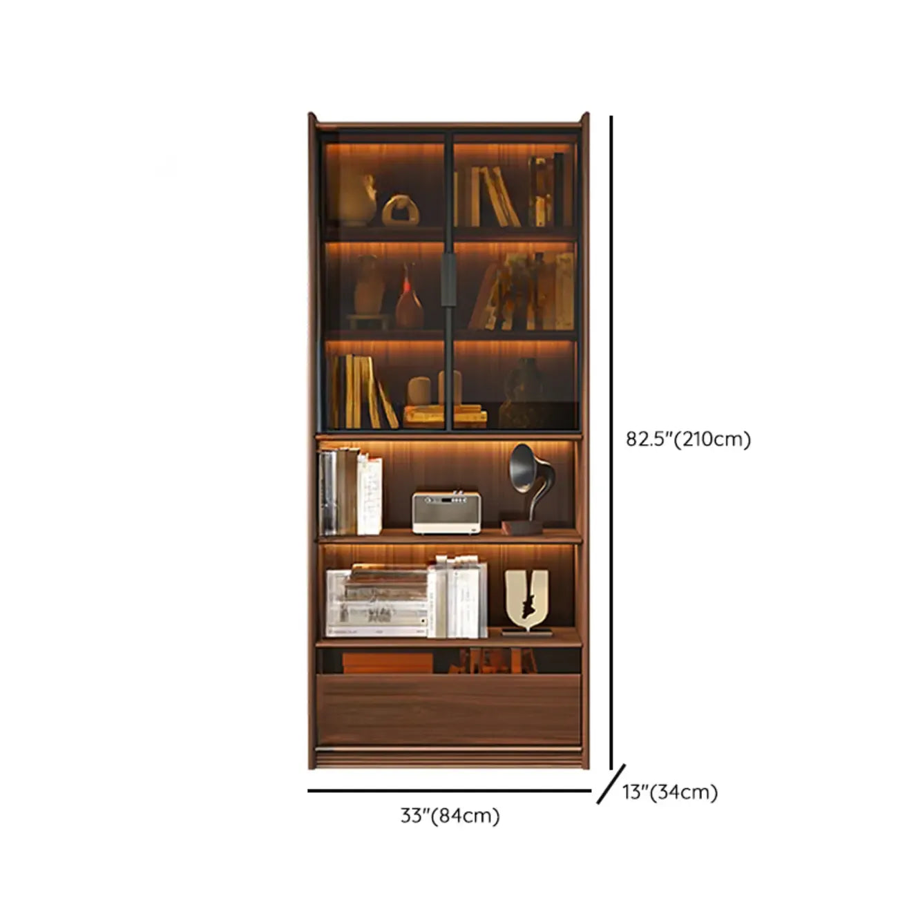 Brown 5-Shelf Wooden Glass Door Bookcase