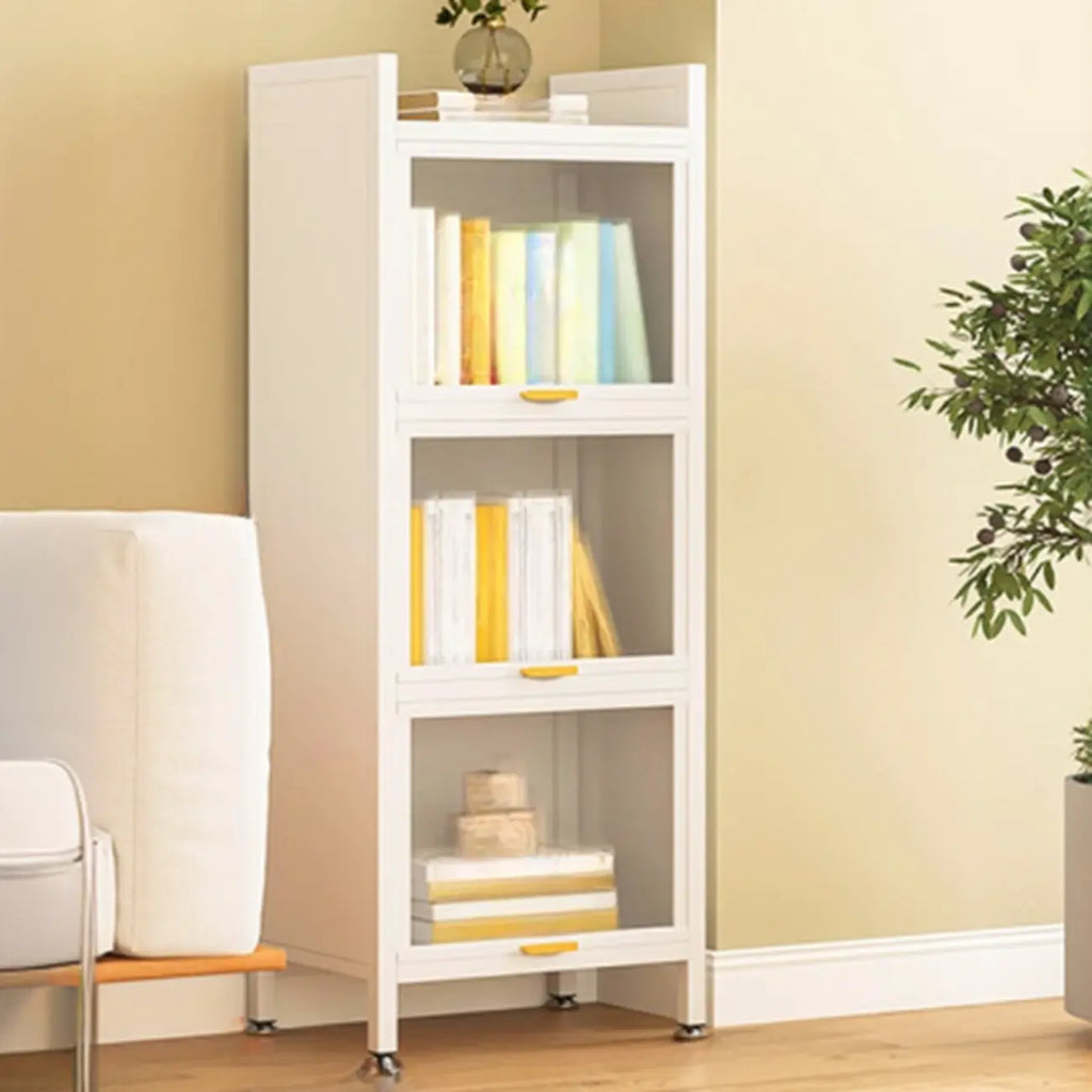 4-Tier Modern White Metal Bookcase with Glass Doors