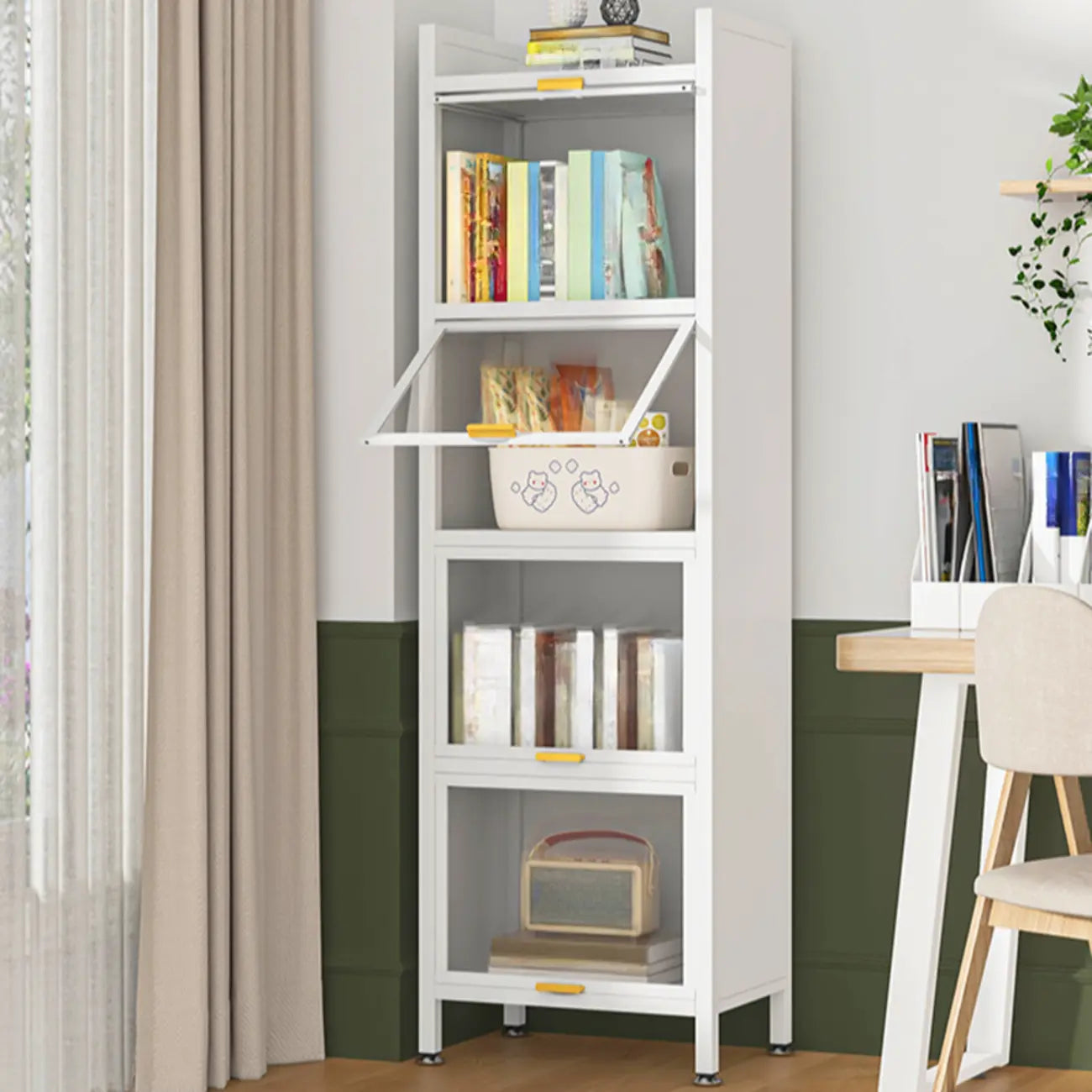4-Tier Modern White Metal Bookcase with Glass Doors