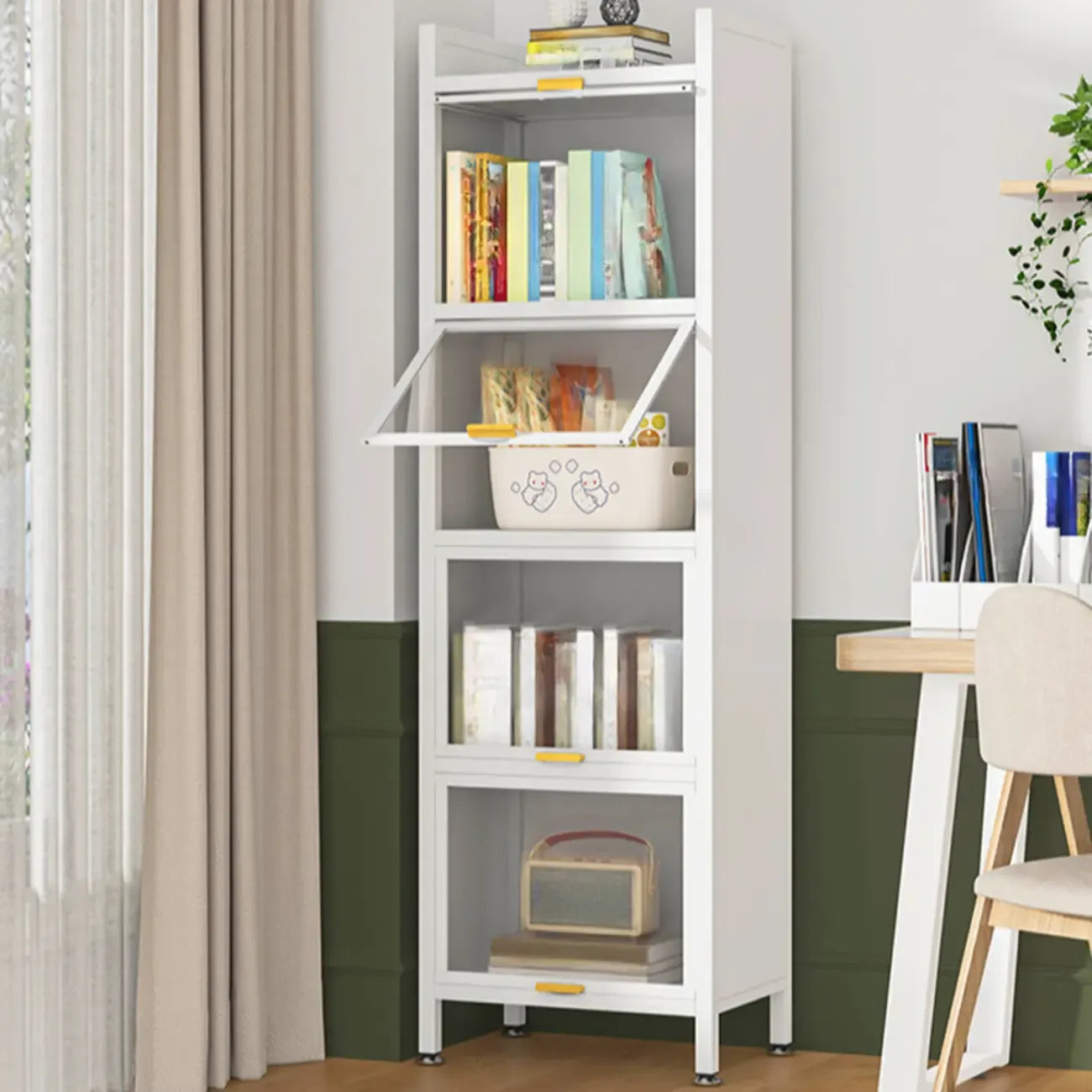 4-Tier Modern White Metal Bookcase with Glass Doors