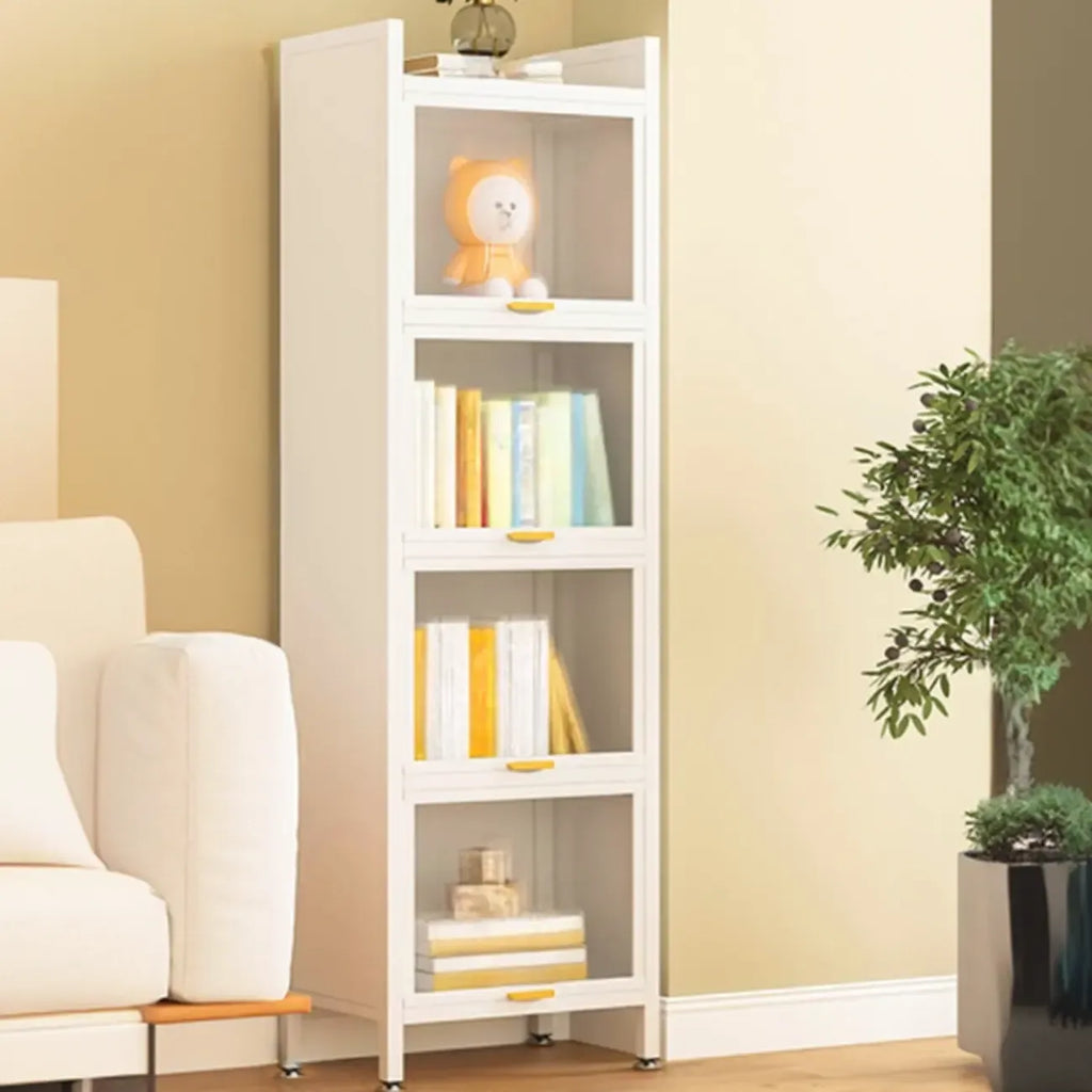 4-Tier Modern White Metal Bookcase with Glass Doors