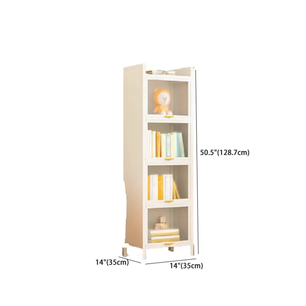 4-Tier Modern White Metal Bookcase with Glass Doors
