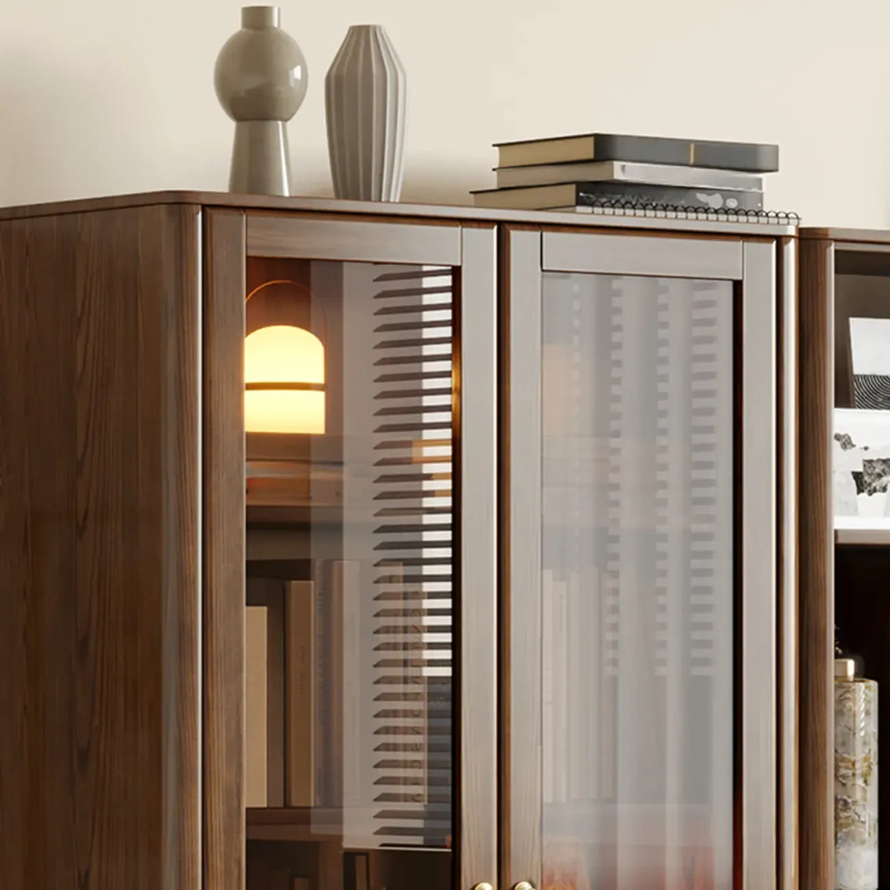 5-Tier Brown Ash Wood Glass Door Bookcase