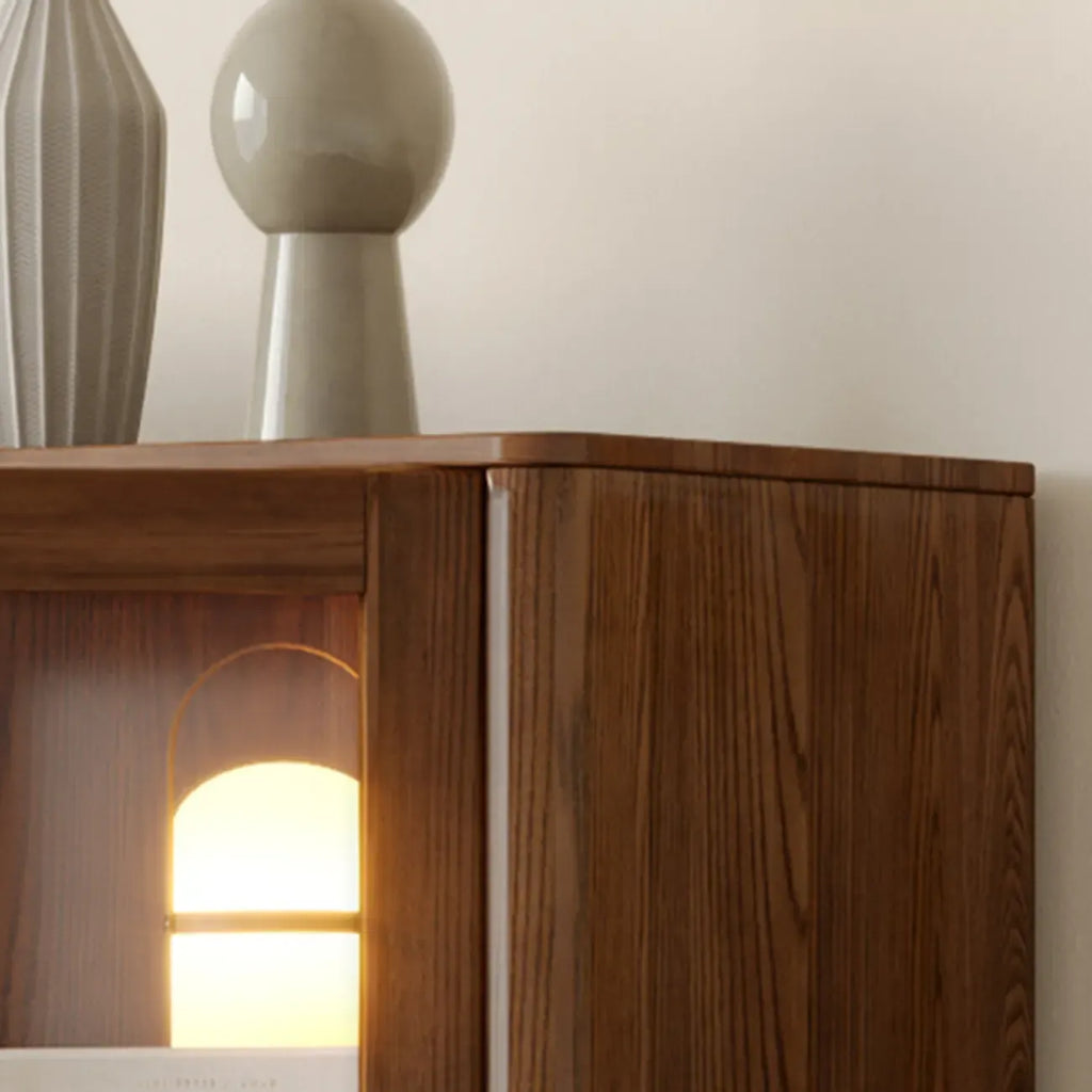 5-Tier Brown Ash Wood Glass Door Bookcase