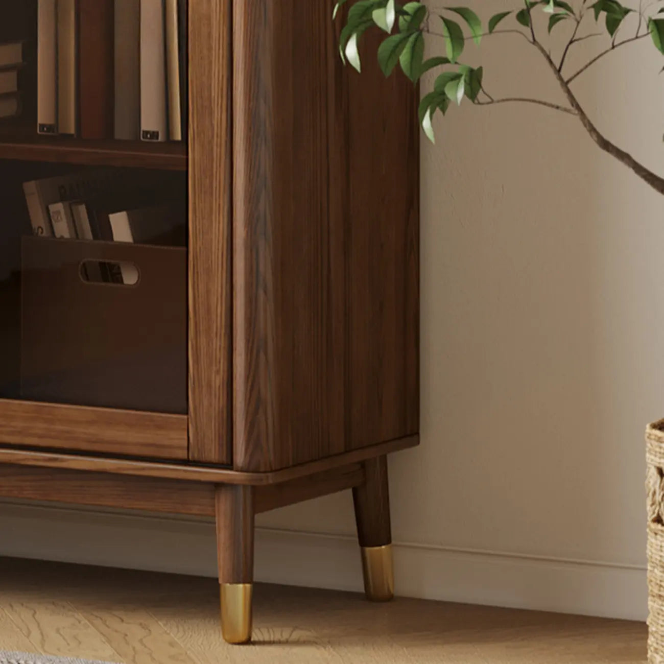 5-Tier Brown Ash Wood Glass Door Bookcase