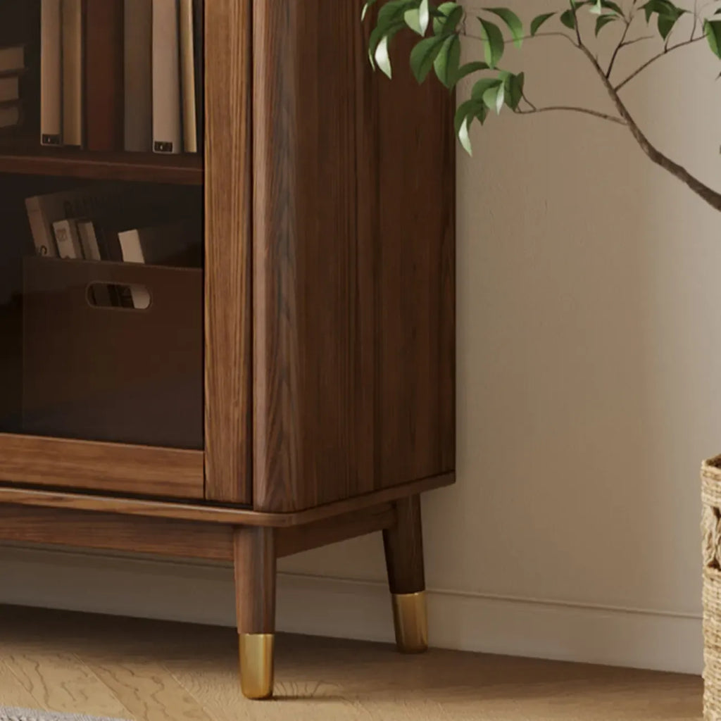 5-Tier Brown Ash Wood Glass Door Bookcase