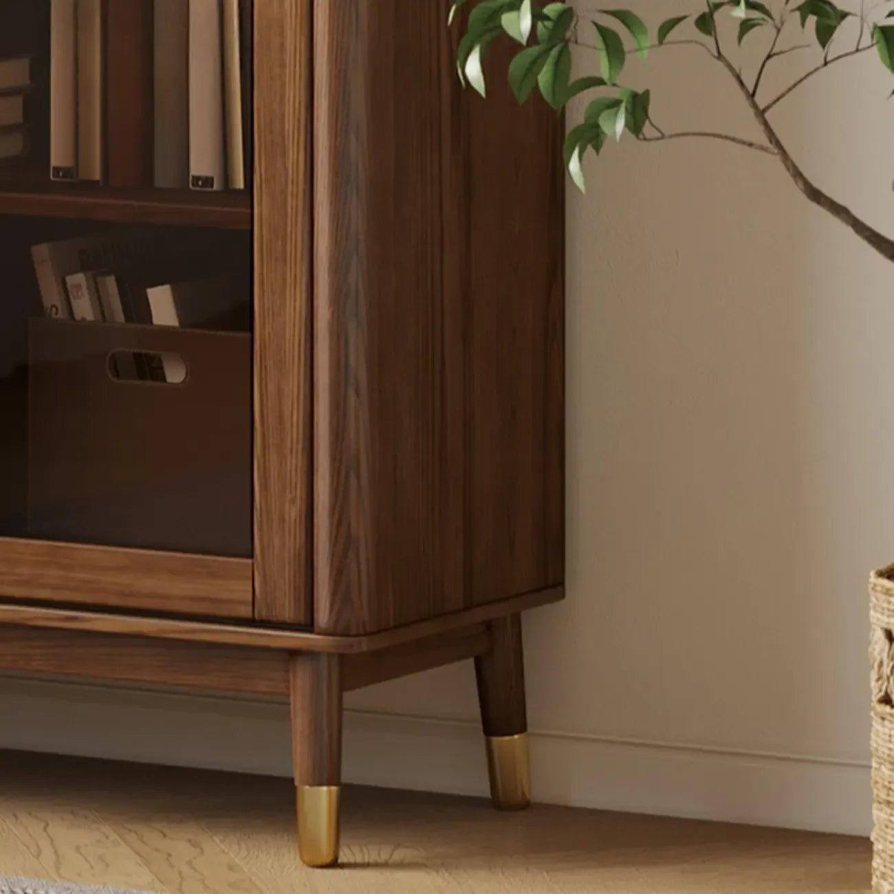 5-Tier Brown Ash Wood Glass Door Bookcase