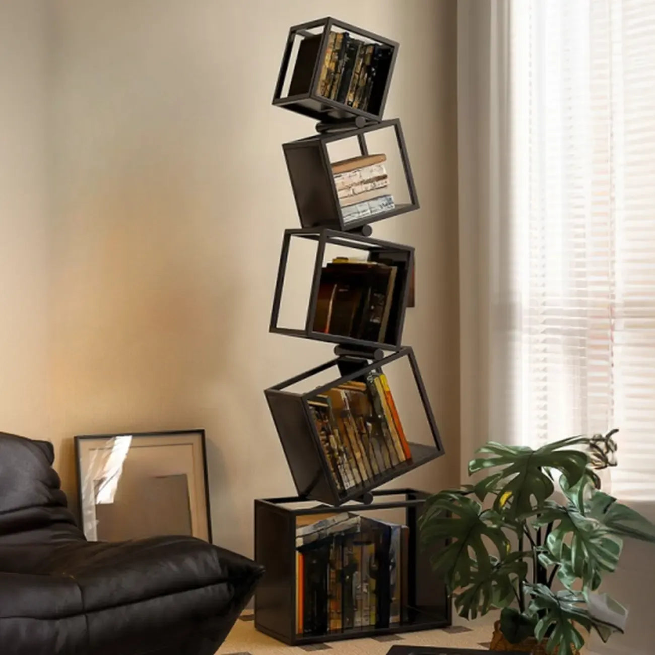 73H Black Metal Geometric Open Cube Bookcase