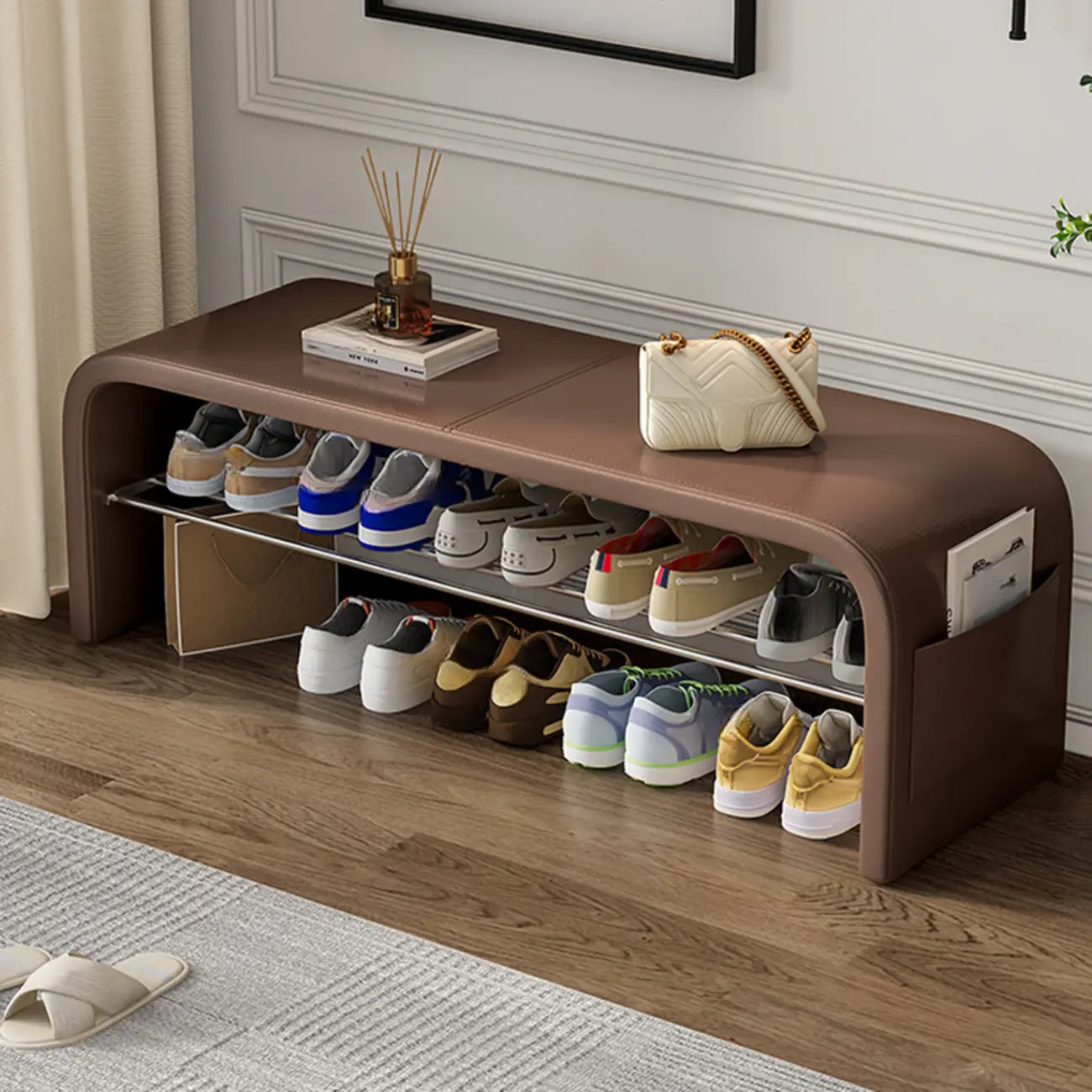 Arched Faux Leather Cushioned Storage Entryway Bench