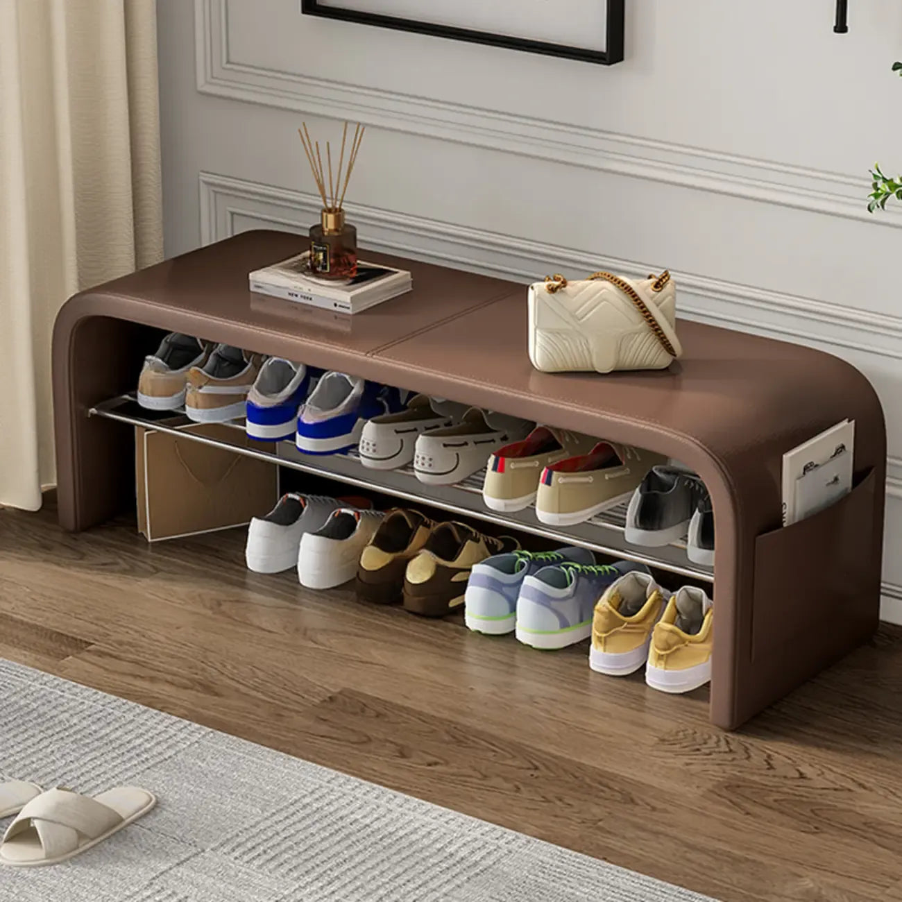 Arched Faux Leather Cushioned Storage Entryway Bench