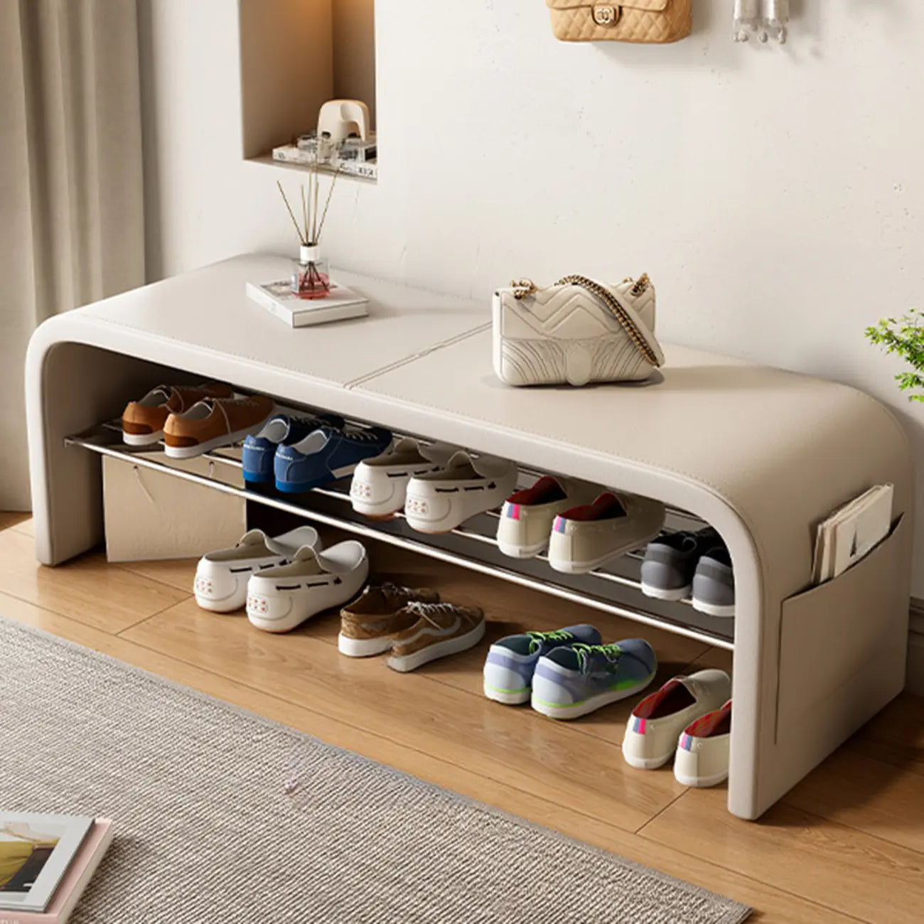 Arched Faux Leather Cushioned Storage Entryway Bench