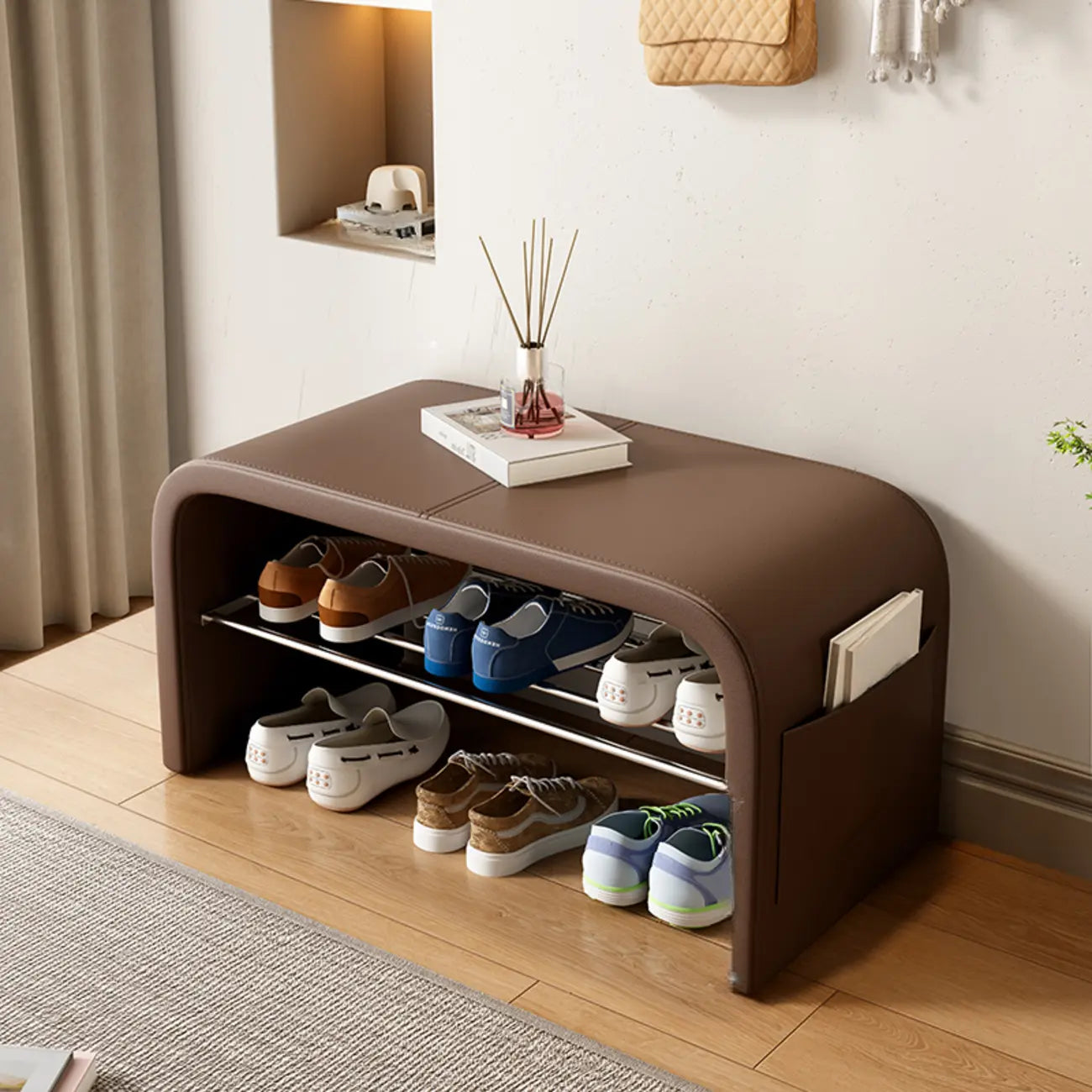 Arched Faux Leather Cushioned Storage Entryway Bench