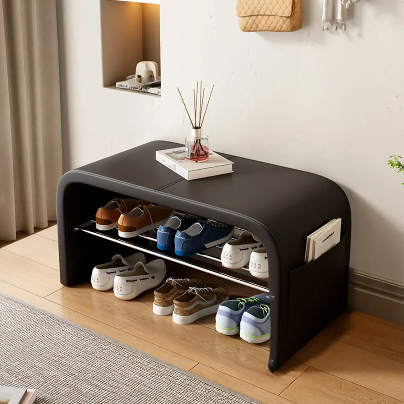 Arched Faux Leather Cushioned Storage Entryway Bench