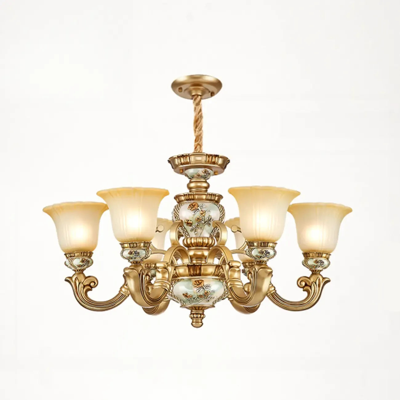 Antique Gold Ceramic Chandelier with Frosted Glass Bell Shape