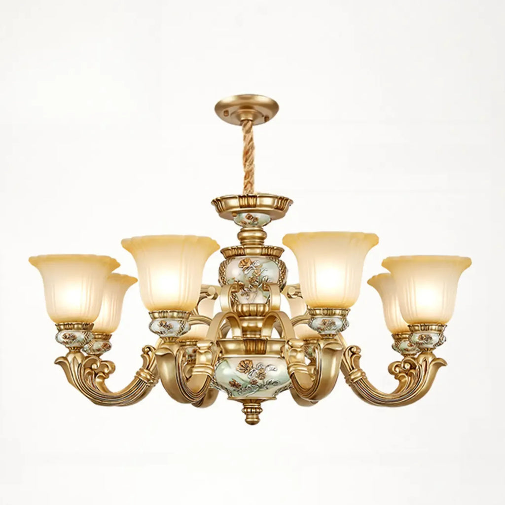 Antique Gold Ceramic Chandelier with Frosted Glass Bell Shape