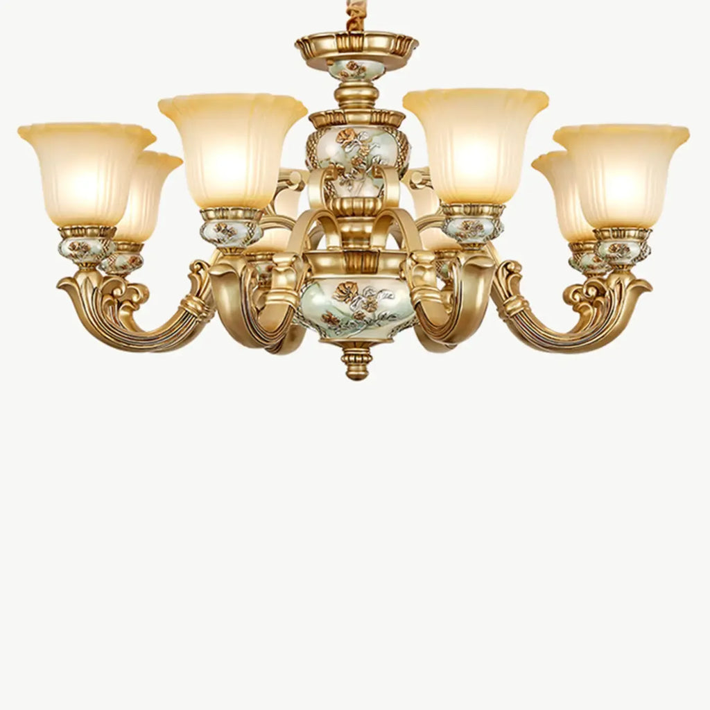 Antique Gold Ceramic Chandelier with Frosted Glass Bell Shape